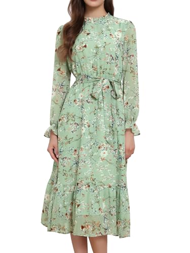 Image of Allegra K Fall Casual Floral Dress for Women 2025 Long Sleeve Crew Neck Chiffon Midi Tea Party Ruffle Dresses