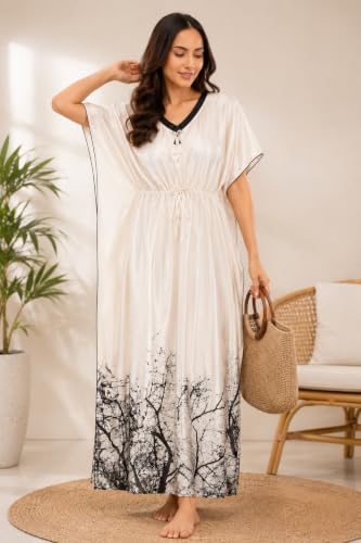 Image of Noty Women's Kaftan Nighty | Digital Print | Sarena Fabric | V Shaped Neck Nightwear | Nightdress for Girl