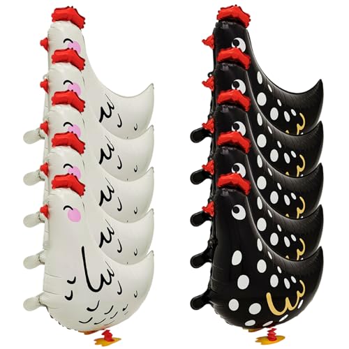 10 PCS Globos de animales de granja, globos de pollo para caminar divertidos, pollo de helio con cuerda para decoraciones de cumpleaños, blanco y negro