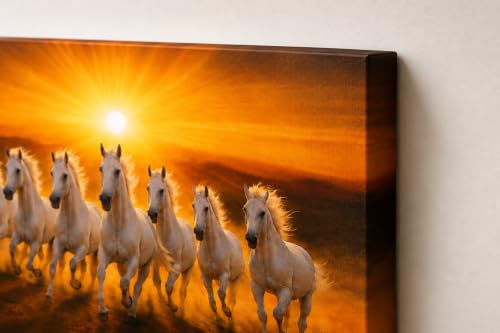 Image of 7 Horse Vastu Sunrise Canvas Painting | Positive Energy Wall Decor | Big Size Premium Running Horses Artwork for Home, Office & Hall Decoration (Modern, Sun White Horse, 26x18 Inch)
