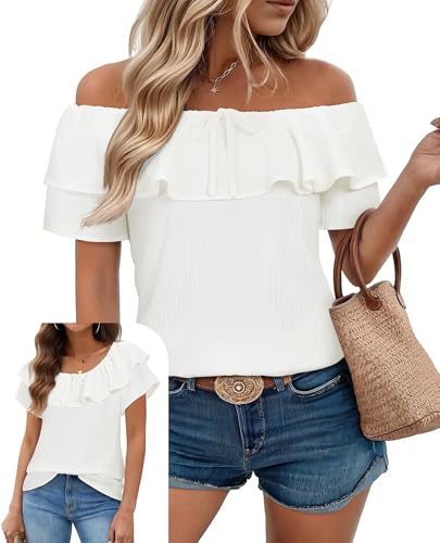 Uhiger Off The Shoulder Tops for Women Boat Neck White Blouse Short Ruffle Sleeve Shirts Chiffon Summer Outfits Beach Vacation Clothes