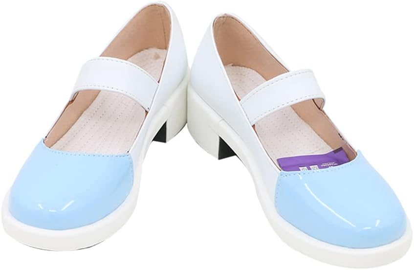 White & Light Blue Mary Jane Anime Cosplay Shoes with Block Heels Female Role Play Footwear for Halloween Costumes