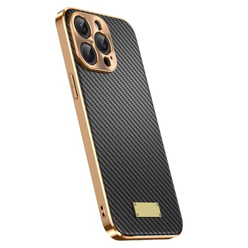 Etui Slim Case do iPhone 16 Pro Max/16Plus/16Pro/16, luksusowe etui z włókna węglowego z powłoką ochronną obiektywu, złote krawędzie, odporne na wstrząsy, czarne, 16 Pro