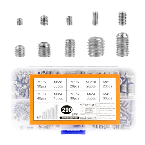 290 PiècesVis Sans Tête, M3 M4 M5 M6 M8 Vis Poignée de Porte, Vis Poignées de Portes en Acier Inoxydable, Visserie Inox à Tête Hexagonale pour Visser...