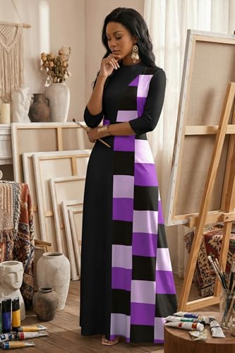 Image of FANDEE Womens Elegant Maxi Dresses Mock Neck Colorblock Casual Long Dress