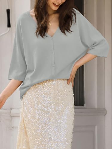 Image of Saodimallsu Womens V Neck Half Sleeve Cardigan Sweaters Summer Knit Tops | Oversized Fit, Button Down, Batwing Sleeve, Soft Lightweight Knitted Fabric, Trendy Casual Style, Summer Fall Outfits