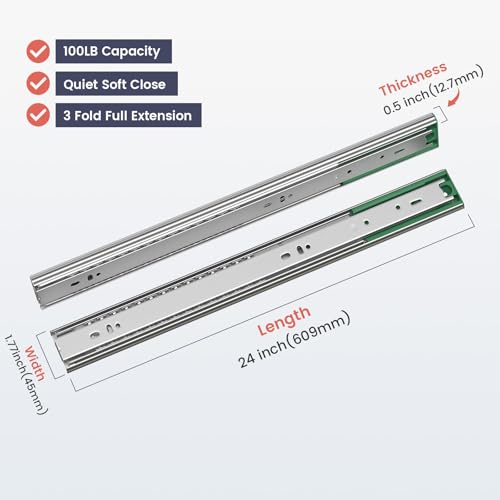 homdiy 6 Pairs 24 Inch Soft Close Drawer Slides, Heavy Duty Side Mount 100Lb Capacity Dresser Cabinet Rails, Full Extension Ball Bearing Cabinet Glides for Kitchen（12 Packs） by homdiy - Image 3