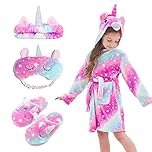 FZOSM Girls Soft Unicorn Dressing Gown Hooded Fleece Robe Casual Sleepwear with Unicorn Slippers for Kids (Pink/Purple, 5-6 Years)