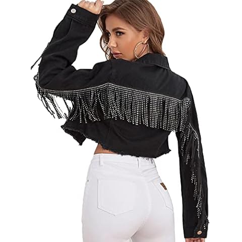 YILANUOYI Women's Fringe Jean Jacket Tassel Distressed Ripped Crop Denim Jackets Cover