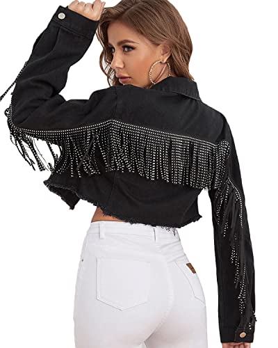 Women's Fringe Jean Jacket Tassel Distressed Ripped Crop Denim Jackets