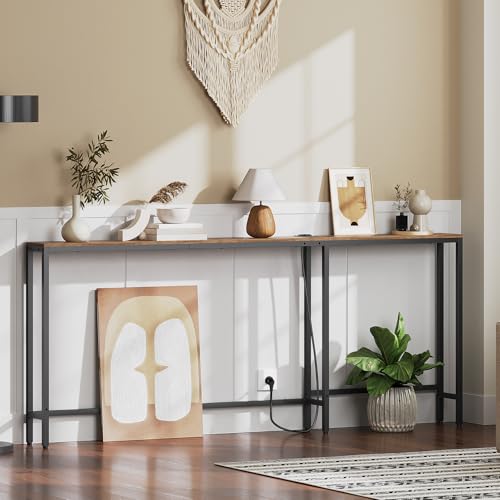 YATINEY Schmaler Konsolentisch, Eingangstisch, 15 cm breit Flurtisch, 1 AC und 2 USB-Anschlüsse, für Wohnzimmer, Flur, hinter dem Sofa, 3 Kombinationsmodi, Vintagebraun und Schwarz XCT07CBR