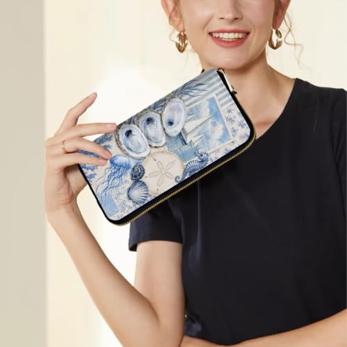 Image of Women's Wallets Credit Card Holder Money Leather Long Wallet | Long wallet with Wristlet,Large Capacity with Zip-Around Phone Purse for Women Ladies Girls,Blue Collage