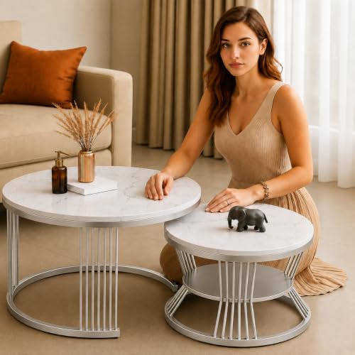 Image of Brown Art SHOPPEE Round Coffee Table Home Decor Furniture Coffee Table Sets,2 Piece MDF Top,Stacking Nesting Table with Iron Frame for Living Room Living Room or Lounge (Silver White)