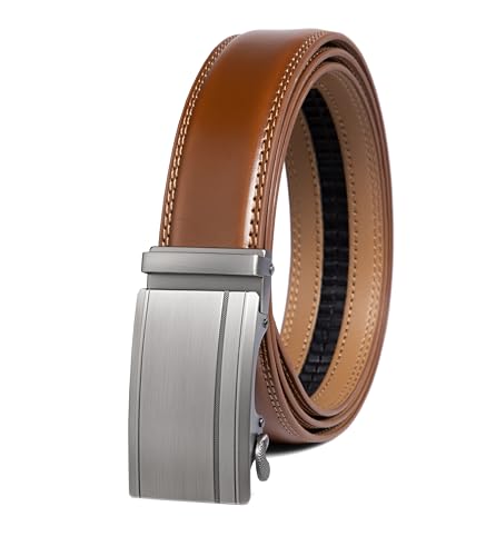 Image of Drowsmen Leather ratchet belt 1 3 /8 inch with Click Sliding Automatic Buckle, Adjustable belt Trim to Fit