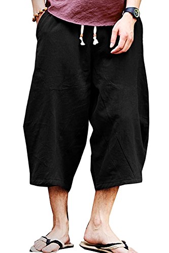 KAMUON Mens Casual Baggy Cotton Linen Pocket Lounge Harem Pants Beach Long Shorts (US XL = Asian Tag 4XL : Waist 37"-39", Black)