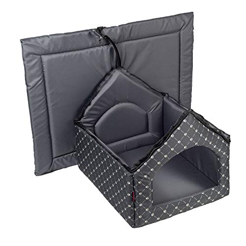 Elegant Hundehöhle, Hundehütte | Größe XL: 44 x 55 x 43 cm | Farbe: Schwarz - Muster: Pfoten | Hundehaus für mittlere und Große Hunde | Katzenhaus, Katzenhöhle