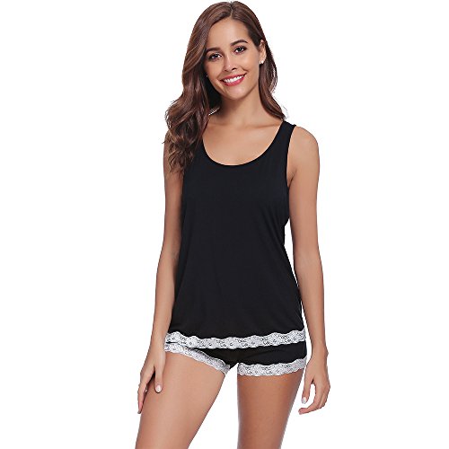 Bapooway Womens Bamboo Viscose Pajamas Soft Pajama Set Lace Trim Sleepwear Slips Tank Top With Shorts Pjs S-4X, Black, X-Large #TOP3