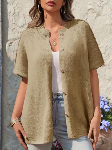 Image of Saodimallsu Womens Oversized Cardigan Sweaters Short Sleeve Button Down Casual Lightweight Loose Knit Trendy Cardigans