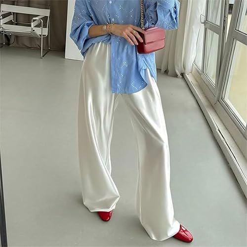 WANLUOSUXWomen's Metal Shiny Pants Silk High Waisted Elastic Waistband Casual Drape Trousers3