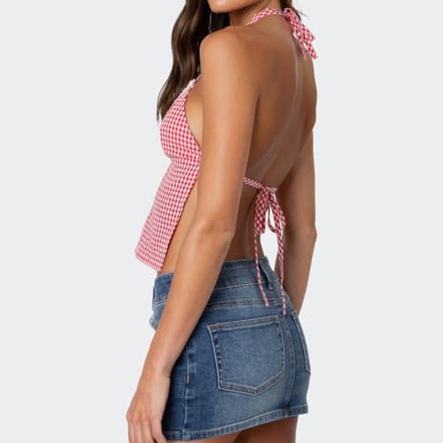 Women Plaid Backless Crop Top Y2k Lace Trim Open Back Tie-Up Spaghetti Strap Tank Top Summer Gingham Going Out Top3