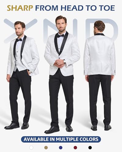 YND Men's 3 Piece Slim Fit Tuxedo Suit Set, One Button Shawl Collar Floral Business Blazer Jacket Vest Pants with Bow Tie - Image 3