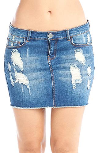 Hollywood Star Fashion Women's Distressed Denim Mini Skirt Medium Dark Blue Cover