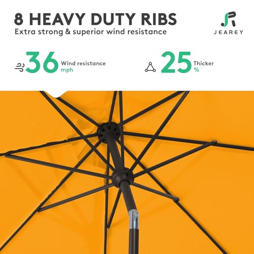 Image of JEAREY 9FT Outdoor Patio Umbrella Outdoor Table Umbrellas with Push Button Tilt and Crank, Market Umbrella 8 Sturdy Ribs UV Protection Waterproof for Garden, Deck, Backyard, Pool (Sun Orange)