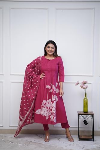 Image of GoSriKi Women's Viscose Anarkali Kurta Set with Dupatta | Anarkali Suit for Women Cotton | Kurta Palazzo Dupatta Set | 3 Piece Ethnic Wear for Festival & Party | Anarkali Suit for Women