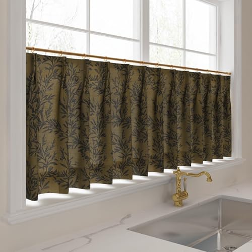 Image of TWOPAGES Pinch Pleat Leaf Print Cafe Curtains, Bronze, 42W x 36L