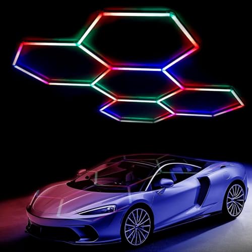 EnweMahi Luce LED Esagonale per Garage, Luci A Nido d'Ape, Luce RGB, Lampada Che Cambia Colore, Luce Meravigliosa, Salone di Bellezza per Auto, Bar, Negozio, Palestra, Officina 5 Hex