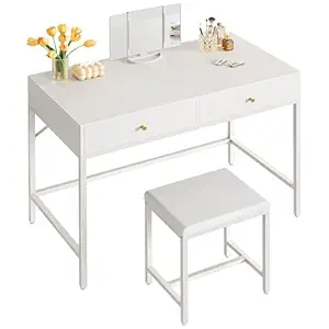 SUPERJARE Vanity Desk, Makeup Vanity with Stool & Tri-fold Lighted Mirror, Vanity Table Set with 2 Large Drawers - White