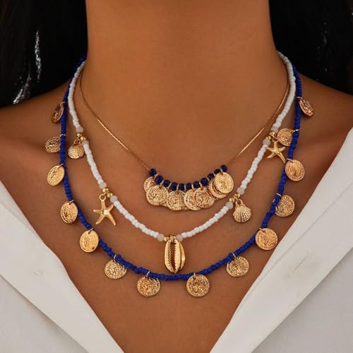 Collier multicouche à perles de riz et pendentifs conque en set de 3 pièces - 2