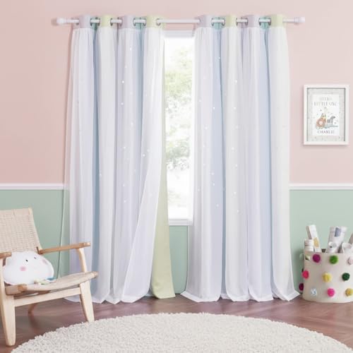 NICETOWN Kids Curtains Blackout Curtains for Nursery Living Room Decor Colorful Double Layer Star Cut-Out Stripe Rainbow Window Curtain for Girls Baby