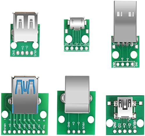 AOICRIE 6pcs USB to DIP Adapter Converter, Mini USB Female, Micro USB Female, 2.54mm 4p USB Male, USB 2.0 USB 3.0 Female, USB Type B Square Interface Female to DIP PCB Power Breakout Board Module
