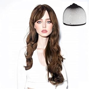 SSKHE 27.5 Inch/70 cm Long Curly Brown Wig for Women, Bangs Ladies Wigs, Synthetic Wig for Daily Wear and Special Occasion