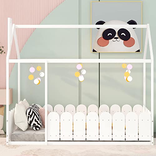 Meritline House Bed For Kids, Wood Full Floor Bed With Roof And Fence, Cabin Bed, Toddler Bed, Montessori Bed, House Full Bed For Kids, Teens (Full, White) #TOP26
