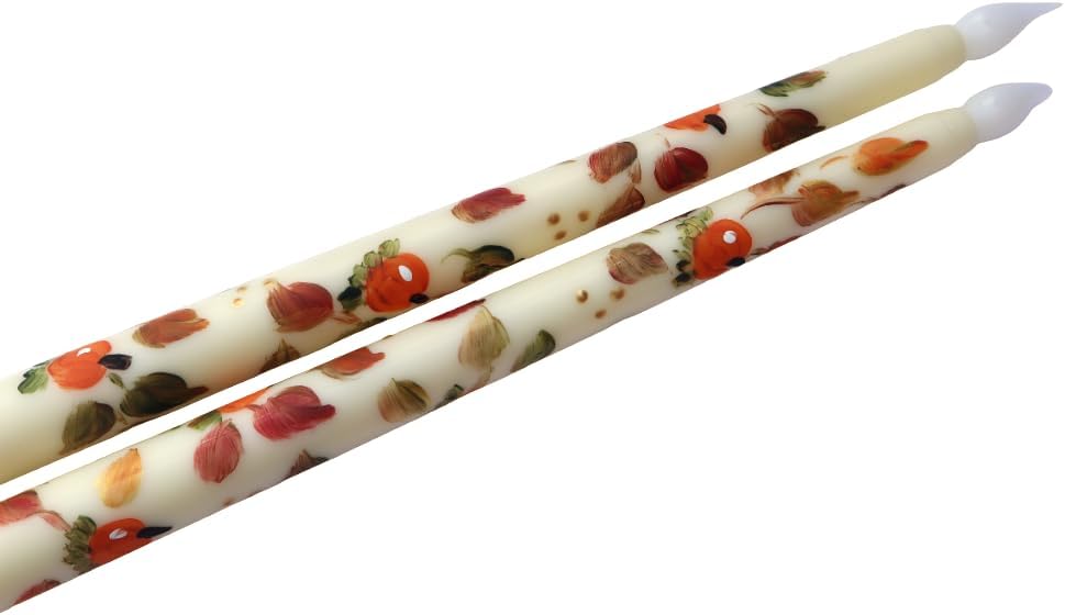 Decorative Hand Painted Pumpkins and Falling Leaves by Artist not Printed Flickering Flameless Taper Candles Battery Operated Tapered Candlesticks Halloween Fall Decor Autumn Decorations