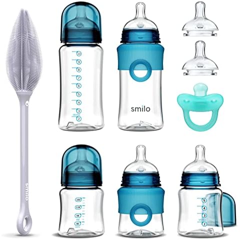 Smilo Baby Bottle Feeding Gift Set - Bottle Set with 100% Silicone Newborn Pacifier, Replacement Nipples and Baby Bottles Cleaning Brush - Perfect Essentials and Gift for Girls & Boys - Blue Cover