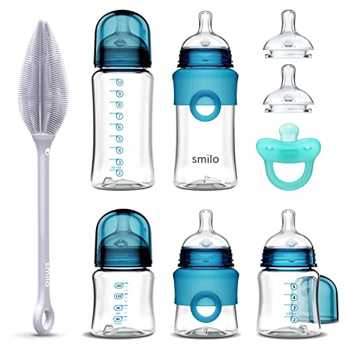 Image of Smilo Baby Bottle Feeding Gift Set - Bottle Set with 100% Silicone Newborn Pacifier, Replacement Nipples and Baby Bottles Cleaning Brush - Perfect Essentials and Gift for Girls & Boys - Blue