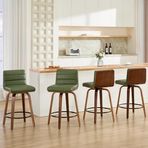 Image of Swivel Bar Stools Set of 4,26 inch Mid Century Modern Counter Height Barstools with Back, Faux Leather Upholstered Bar Chairs with Bentwood Legs Island Stools for Kitchen Counter Green