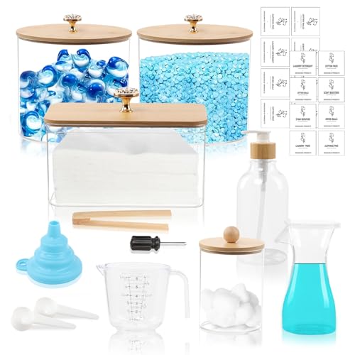 3 PCS Almacenamiento de Detergente para Lavandería, Caja Para Detergente En Polvo De PláStico De Alta Capacidad con Tapa de Bambú, Contenedores Lavandería con 16 Pegatinas 2 Cucharas (6 piezas, A)