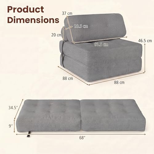 Image of COSTWAY Folding Sofa Bed with Pillow, Convertible Couch (Grey) | with Backrest & Fixing Straps, Boneless Convertible Sleeper Chair for Adults, Guest Use, Living Room