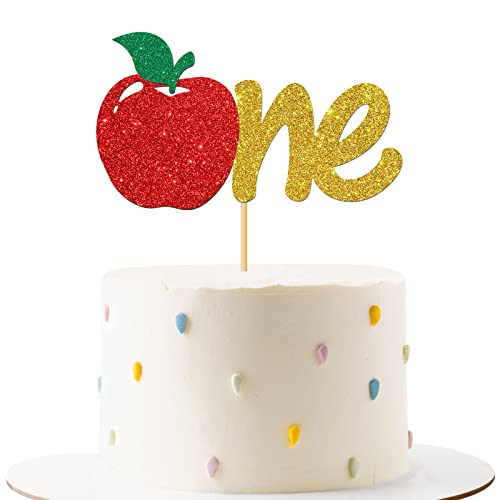 Apple One Birthday Cake Topper - Fruit 1st Birthday Cake Supplies - Fruit Apple First Bday Party Decoration - Gold Glitter