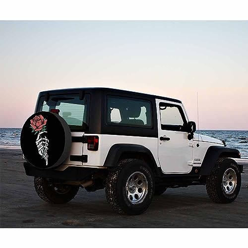 Image of Skull and Rose Spare Tire Cover Vintage Skeleton Holding Flower Halloween Romantic Love Girl Weatherproof Universal Wheel Protectors Camper Tire Covers for Trailer Rv Travel(17 inch)
