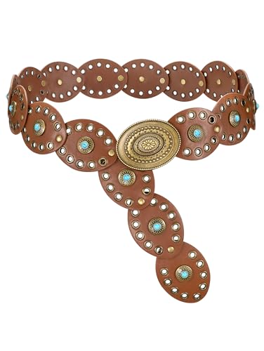 WERFORU Women Western Belts Wide Disc Belt with Turquoise for Dress Cowgirl Country Belts Boho Concho Leather Belt for Concert Outfits Brown
