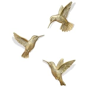 GUSFREUD 3D Hummingbird Wall Decor Set – Brass Resin Bird Wall Decor for Living Room, Bedroom and Gallery Walls – Vintage Gold – Set of 3