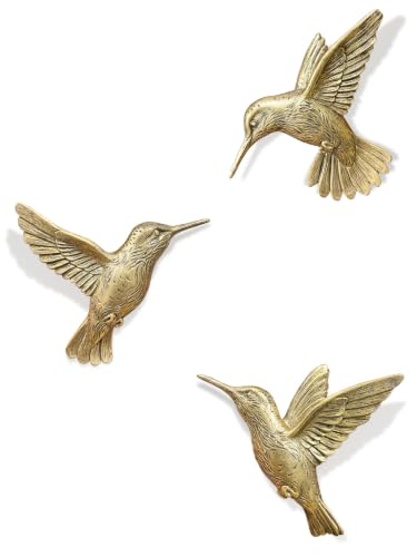 Image of GUSFREUD 3D Hummingbird Wall Decor Set - Brass Resin Bird Wall Decor for Living Room, Bedroom and Gallery Walls - Vintage Gold - Set of 3