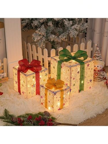 Image of Joyoldelf Light Up Present Boxes Christmas - 50 LEDs Decorations Parcels Lights With 8 Modes, Ornament With Bow, Set of 3 Xmas Light Under Tree Luminous Outdoor Decorative Gift (Silver Star Design)