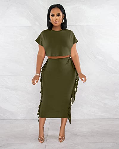 Image of YUEWOO 2 Piece Outfits for Women Sexy Crop Top Ruched Bodycon Maxi Dresses Fringe Skirt Sets Night Club Jumpsuits