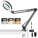 Lampe Loupe LED 5X, Lampe de Bureau Loupe avec Pince, Bras Pivotant Métallique Réglable, 3 Modes de Couleur, Gradation en Continu, Fonction de Mémoire, pour Réparation/Couture/Travail/ Lecture